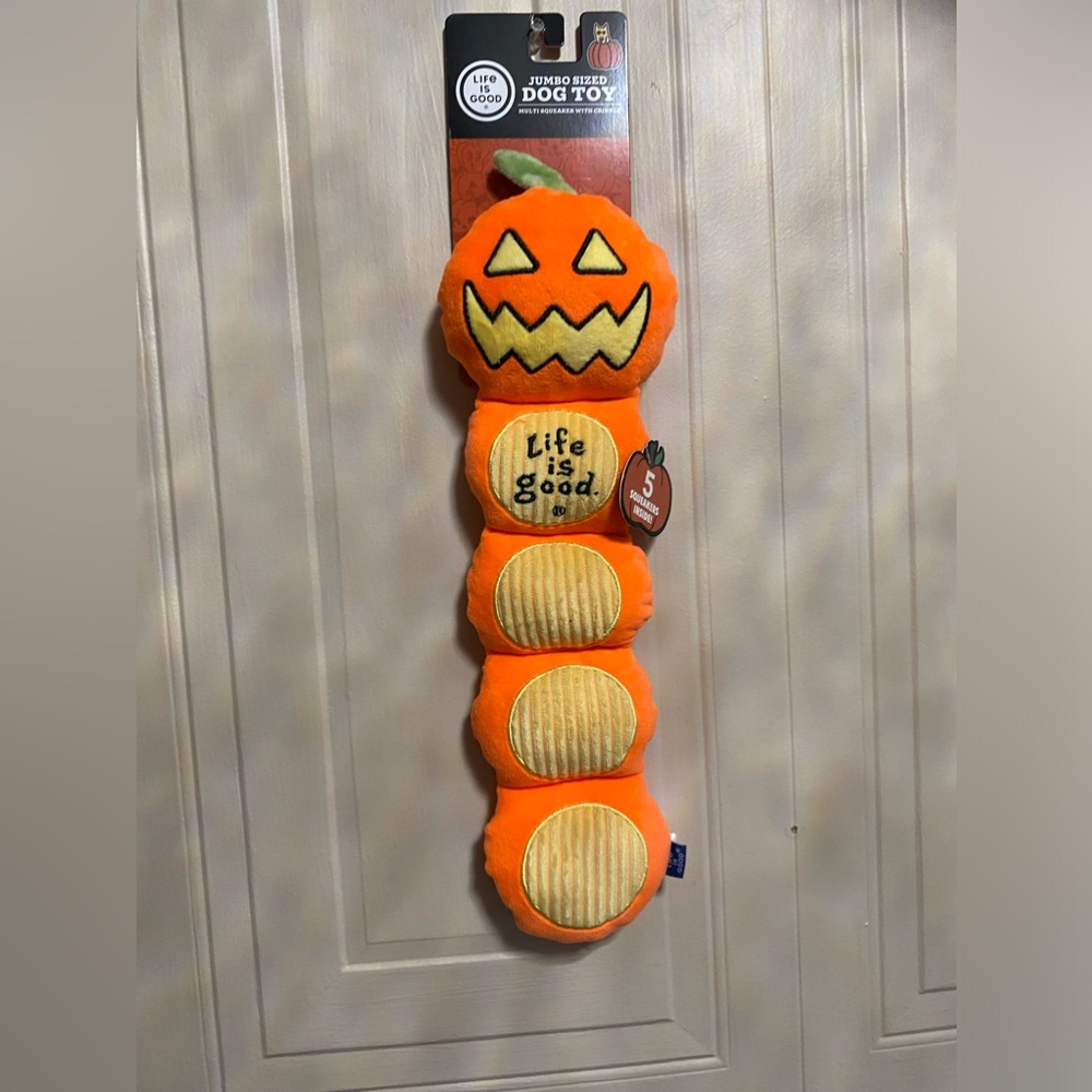 Brand New Life Is Good Dog Toy long Pumpkin Clinkers & squeaker 17”